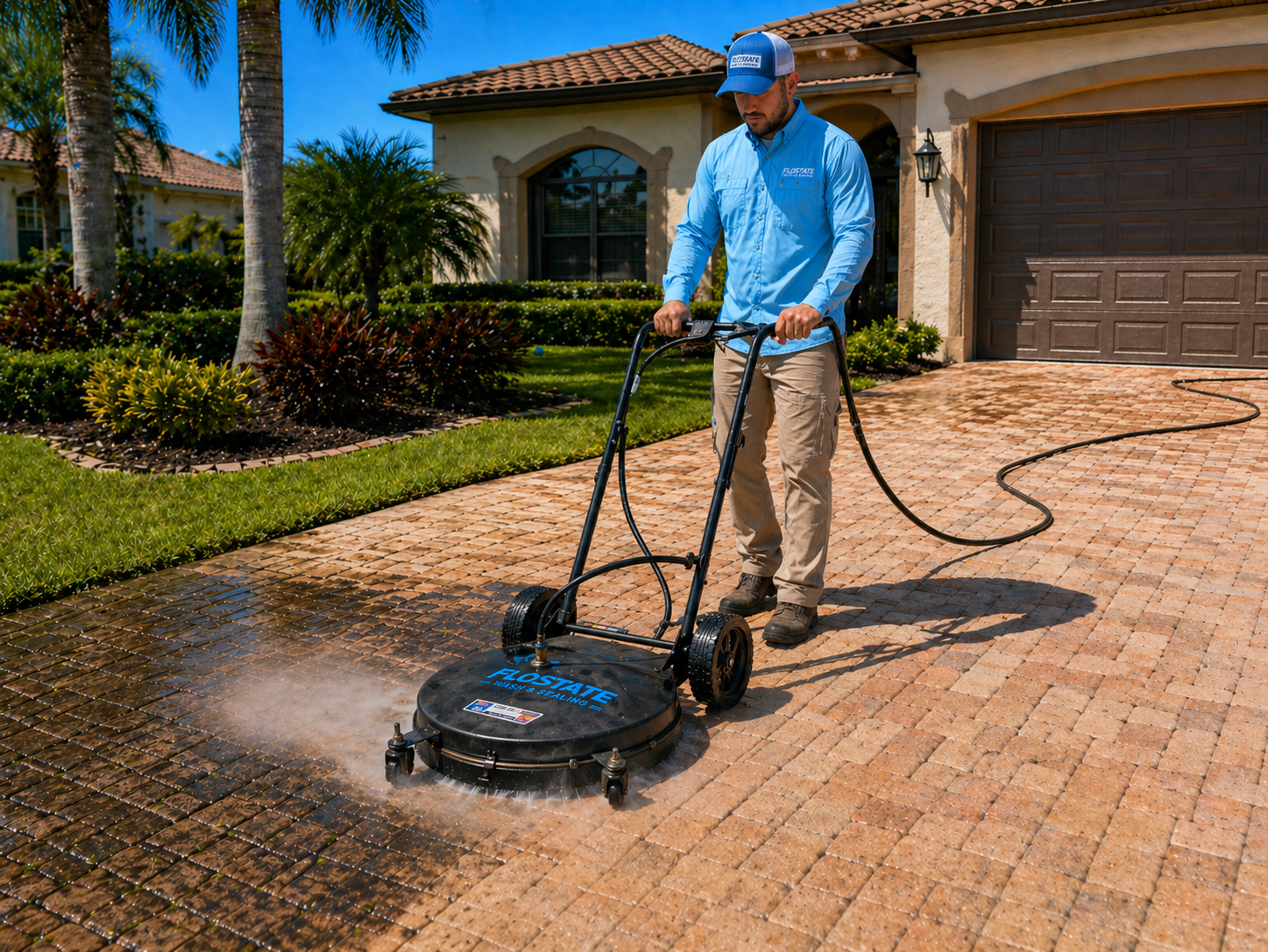 FloState technician pressure washing a paver driveway in St. Petersburg, Florida