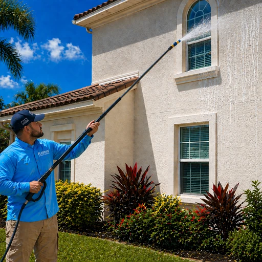 FloState technician soft washing a stucco home exterior in St. Petersburg, Florida